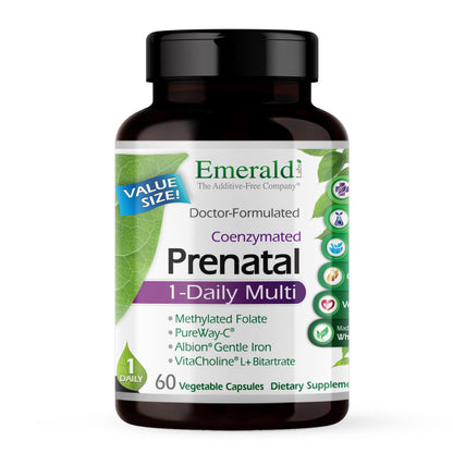EMERALD LABS Prenatal 1-Daily Multi – Gentle Iron, Methylated Folate, Whole-Food Blend | Soy-Free, Gluten-Free | 60 Veg Capsules