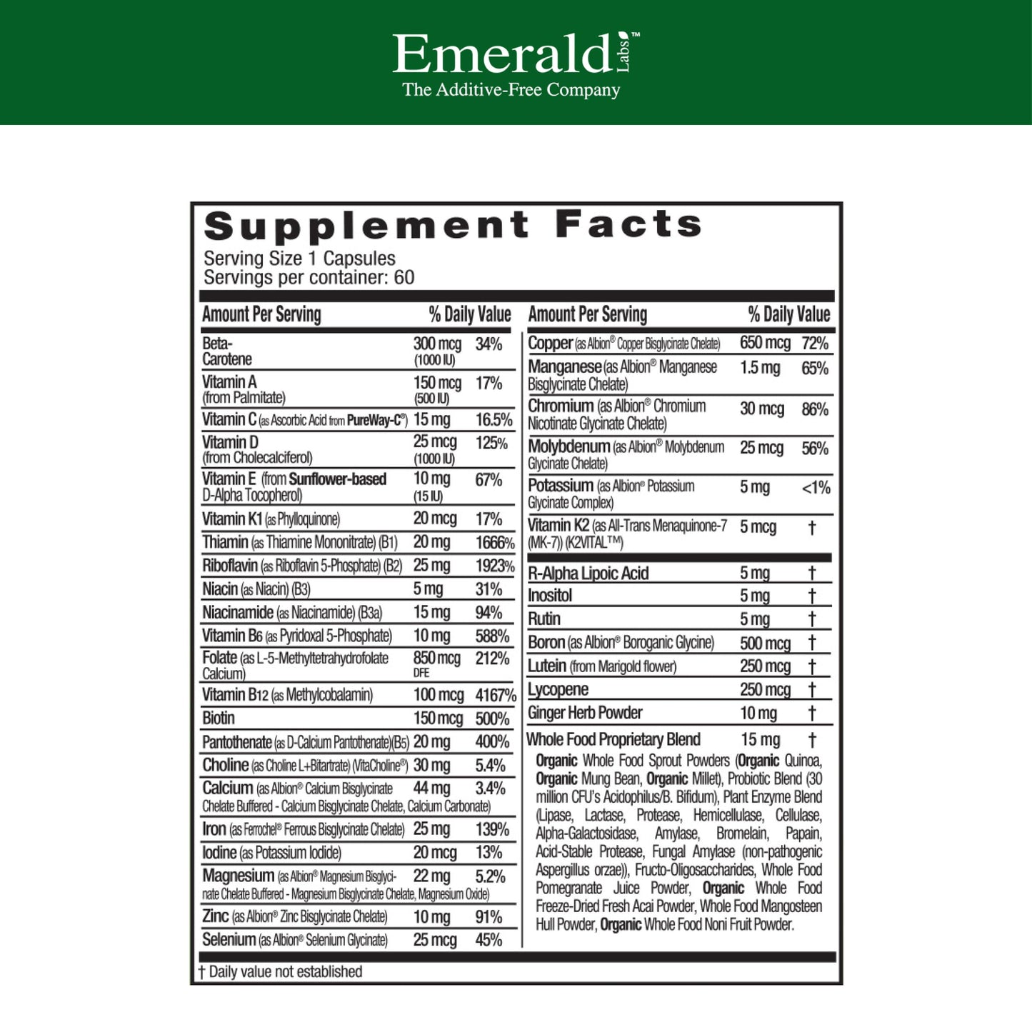 EMERALD LABS Prenatal 1-Daily Multi – Gentle Iron, Methylated Folate, Whole-Food Blend | Soy-Free, Gluten-Free | 60 Veg Capsules