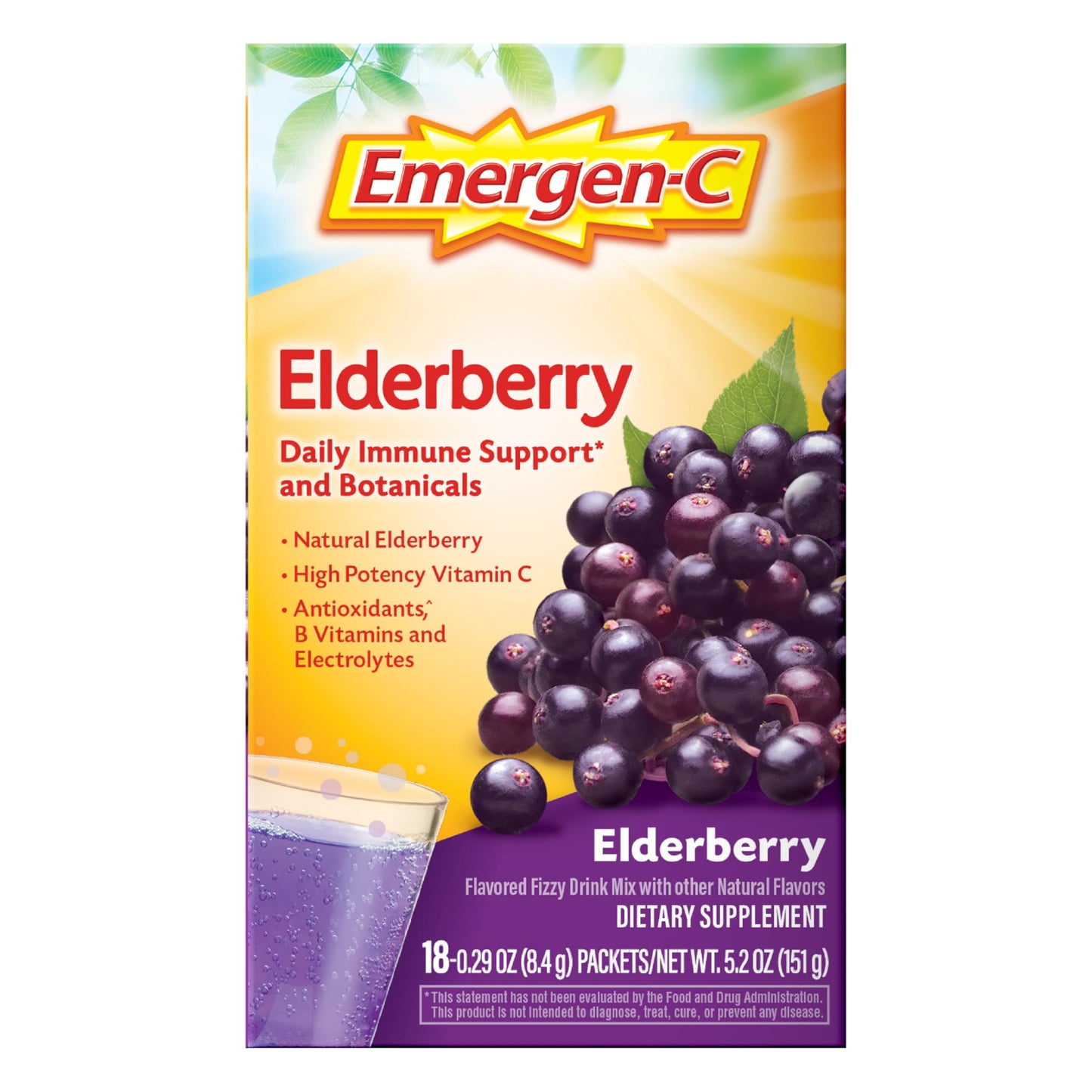 Emergen-C Elderberry Fizzy Drink Mix – Immune Support, Vitamin C, 18 Count