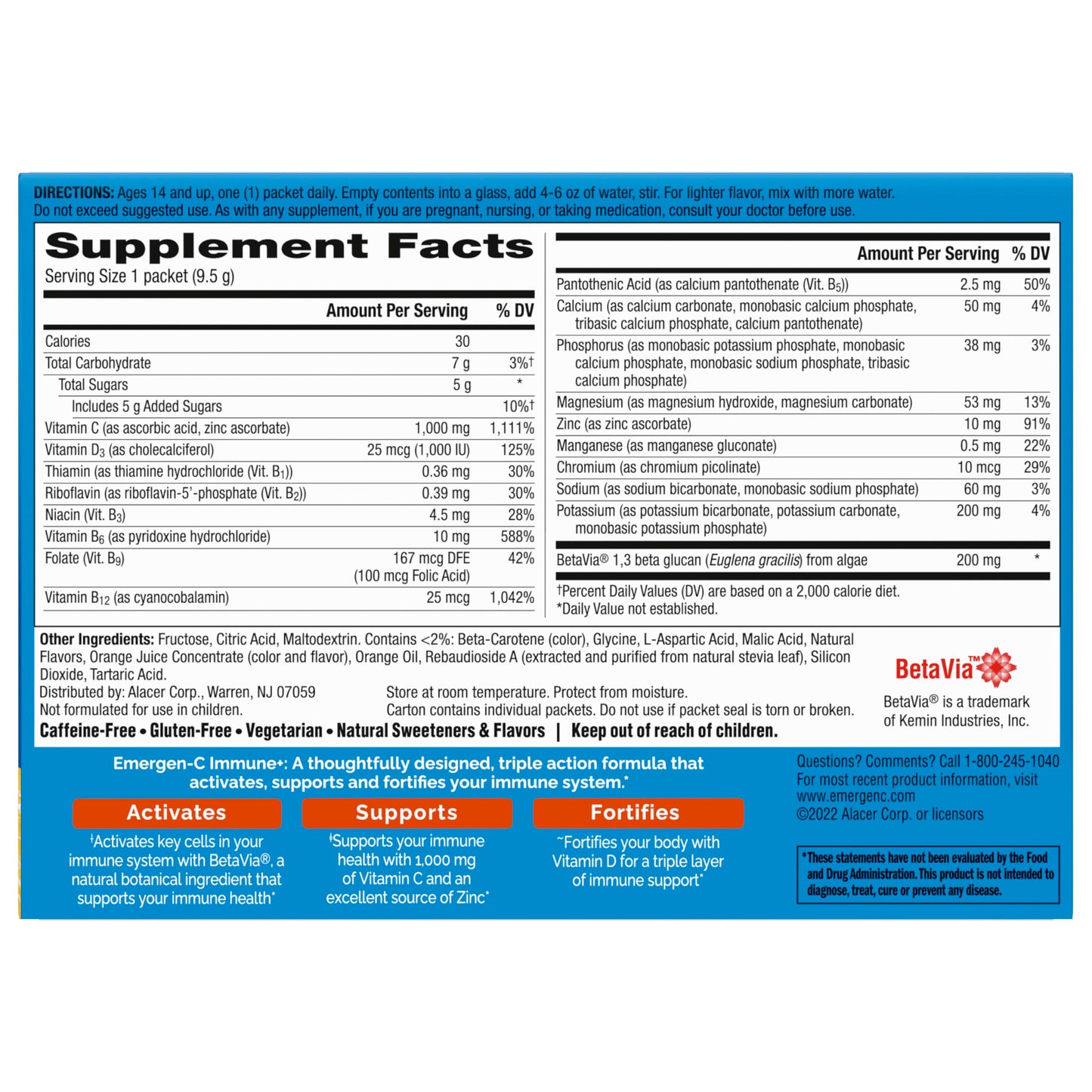 Emergen-C Immune+ Triple Action Immune Support Powder – 30 Count | BetaVia, Vitamin C 1000mg, D, Zinc
