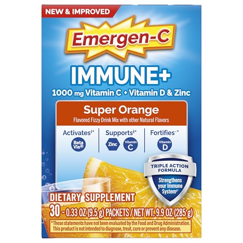 Emergen-C Immune+ Triple Action Immune Support Powder – 30 Count | BetaVia, Vitamin C 1000mg, D, Zinc