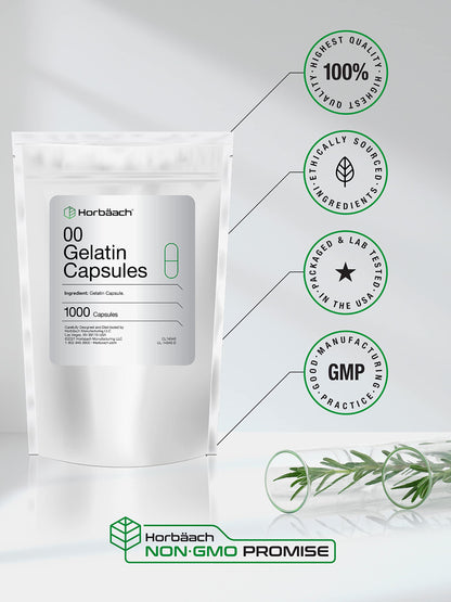 Empty Capsules Size 00 | 1000 Clear Gelatin Capsules | Resealable Bag | Non-GMO, Gluten Free | By Horbaach