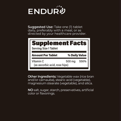 Endur ENDUR-C Vitamin C with Rose HIPS – 500mg, Gluten Free, 200 Tablets