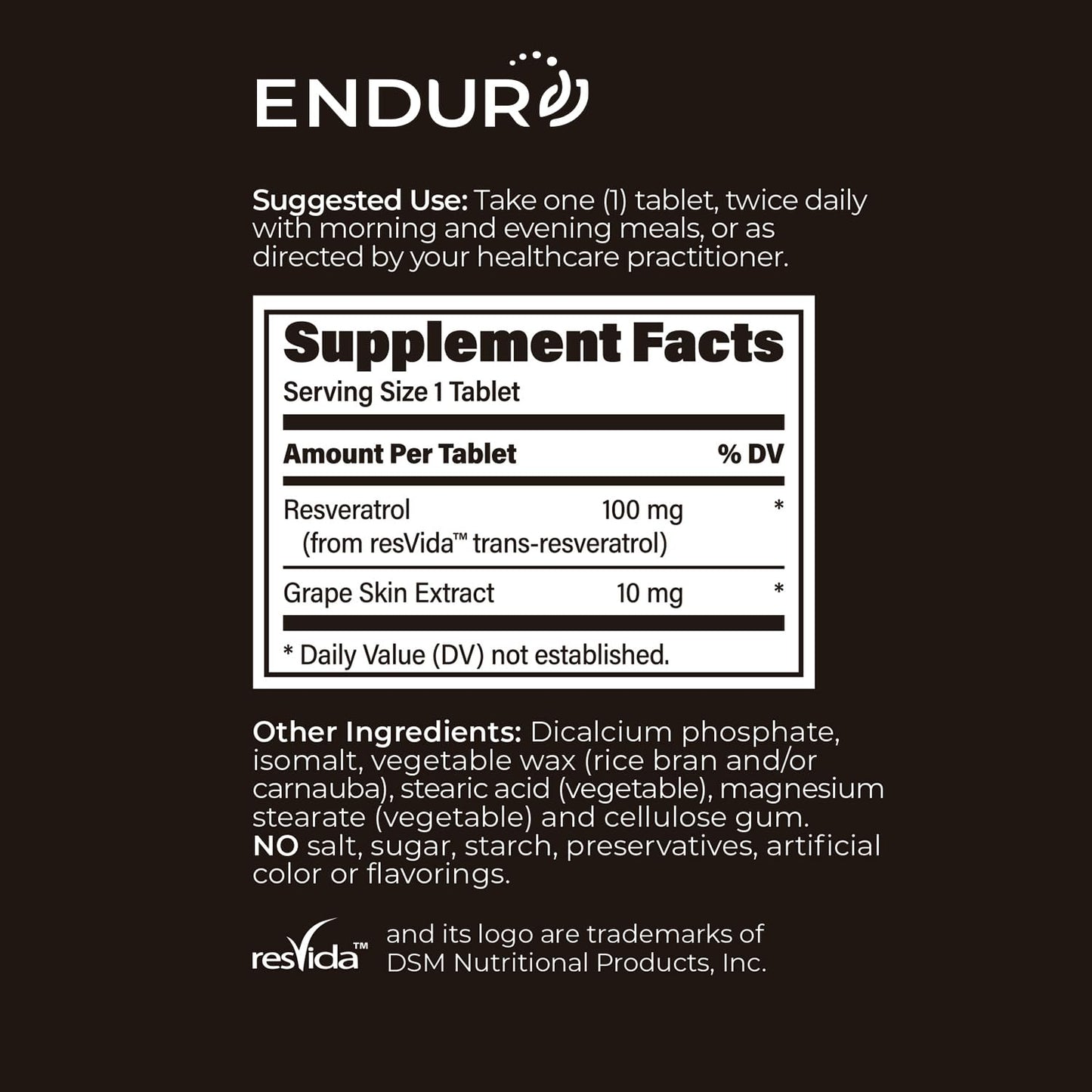 Endur Resveratrol 100mg – Healthy Aging & Cardiovascular Support (Gluten Free, 150 Tablets)