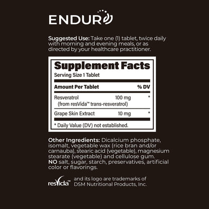 Endur Resveratrol 100mg – Healthy Aging & Cardiovascular Support (Gluten Free, 150 Tablets)