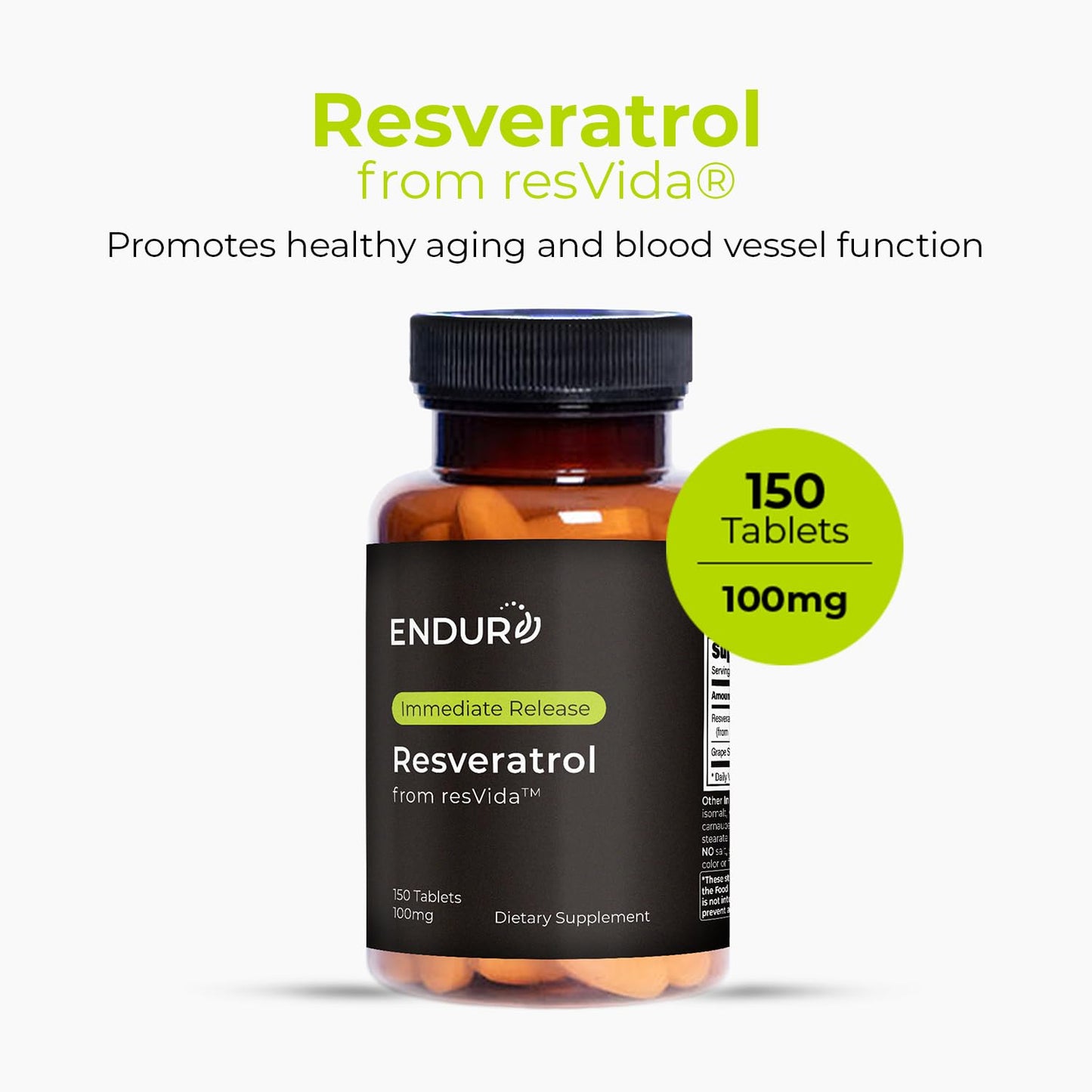 Endur Resveratrol 100mg – Healthy Aging & Cardiovascular Support (Gluten Free, 150 Tablets)