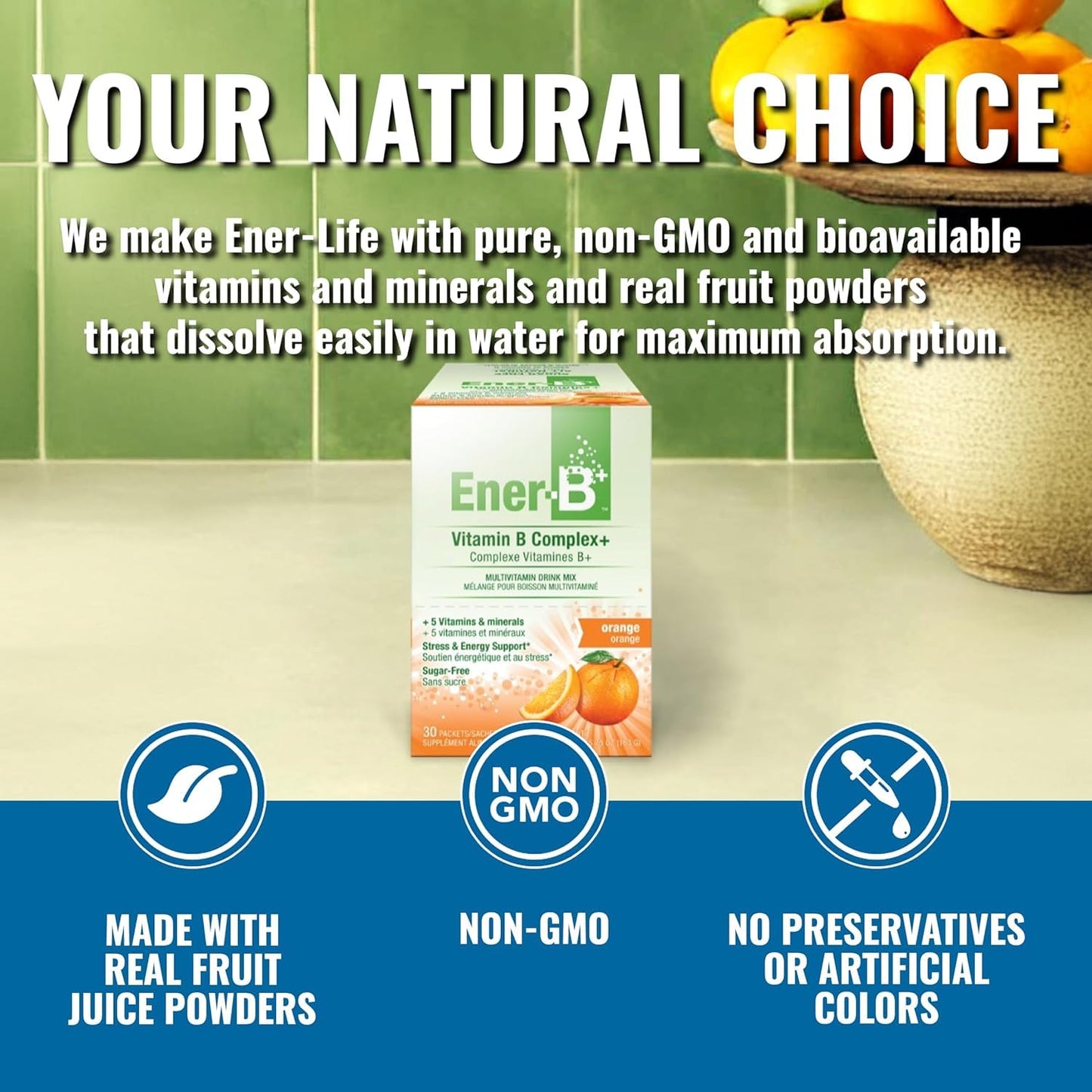 Ener-Life Orange B+ 30 Count – Sugar Free Multivitamin Drink Mix (5.42 g)