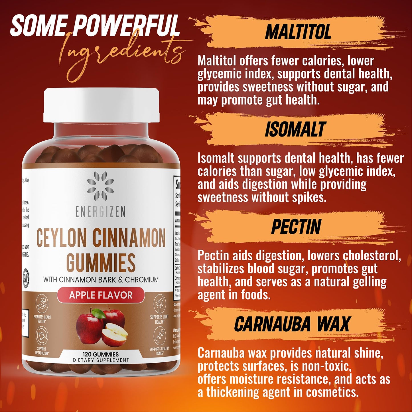 Energizen Cinnamon + Chromium Gummies - 120 Vegan Gummies | Joint Pain & Brain Health Support, Sugar-Free, Non-GMO, Gluten-Free