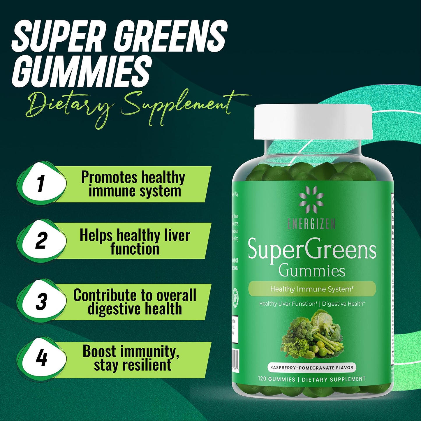 Energizen Green Superfood Gummies Plus – Liver Support, Digestive Health & Immunity (Vegan, Non-GMO, Gluten-Free) – Raspberry & Pomegranate, 120 Count