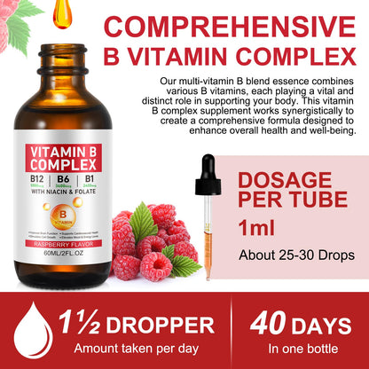 Vitamin B Complex Liquid Drops – Vegan B12 (Methylcobalamin) with B1, B3, B6, B9 and Niacin – 40 Servings
