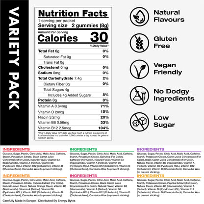 Energy Bytes Caffeine Gummies | Instant Energy Chews for Running, Cycling and Sports Performance | Vegan, Low Sugar | Variety Pack (12-Pack)