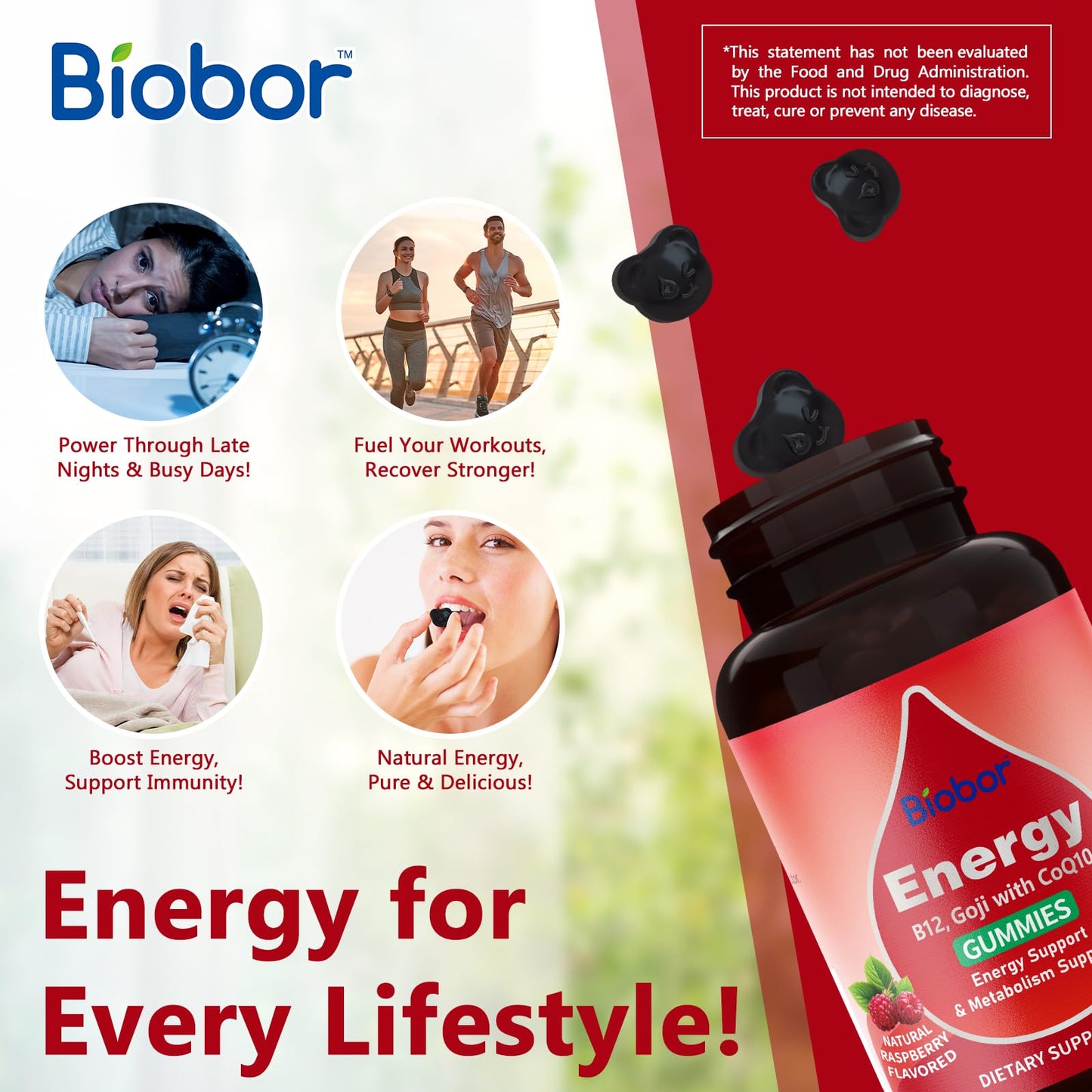 Natural Energy Gummies with B12, Goji & CoQ10 – Raspberry, 60 Count | GMO Free & Gluten Free