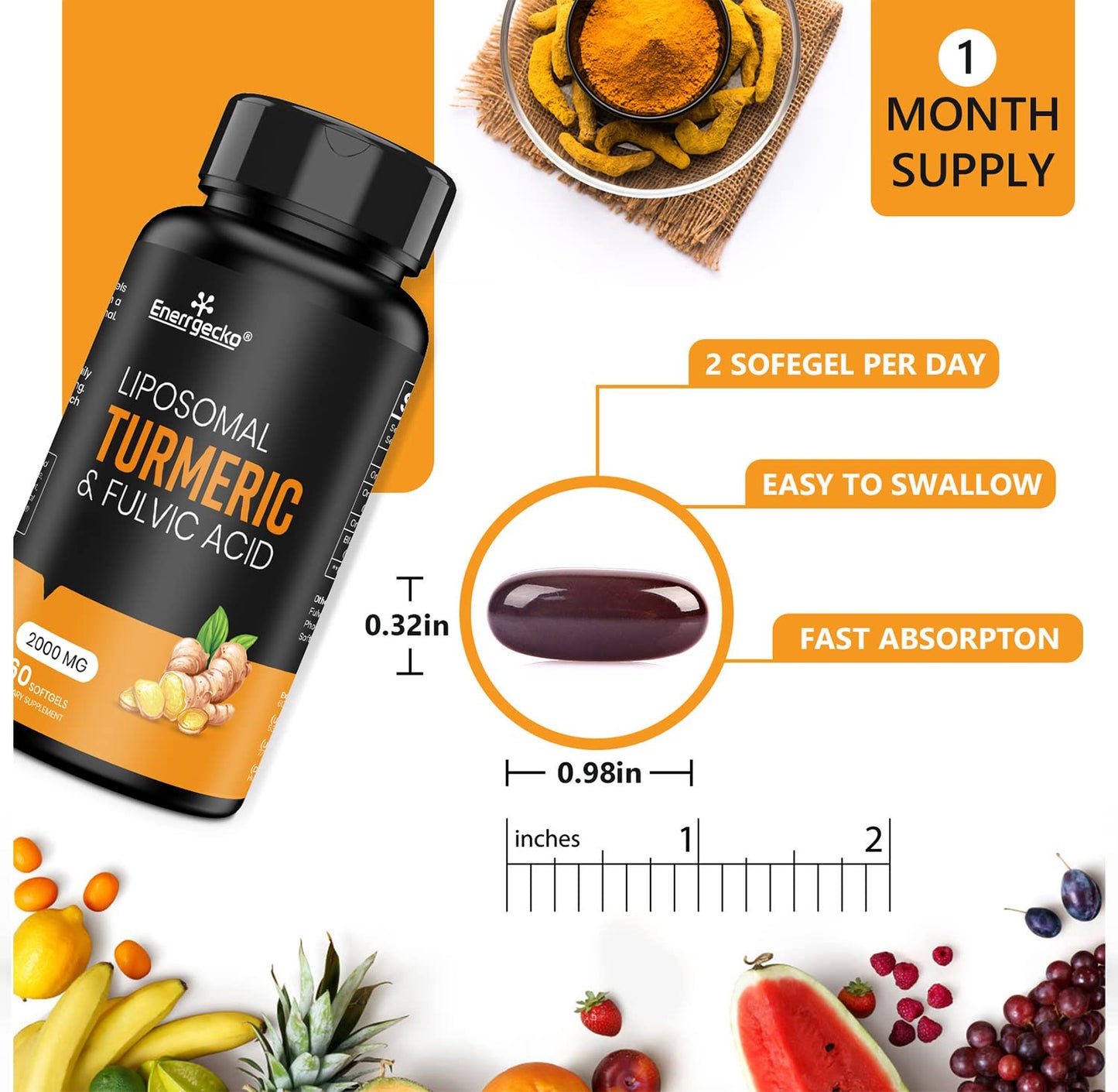 Enerrgecko 2000 mg Liposomal Turmeric Curcumin Softgels - Black Pepper & Ginger, Fulvic & Humic Acids, 3-Month Supply