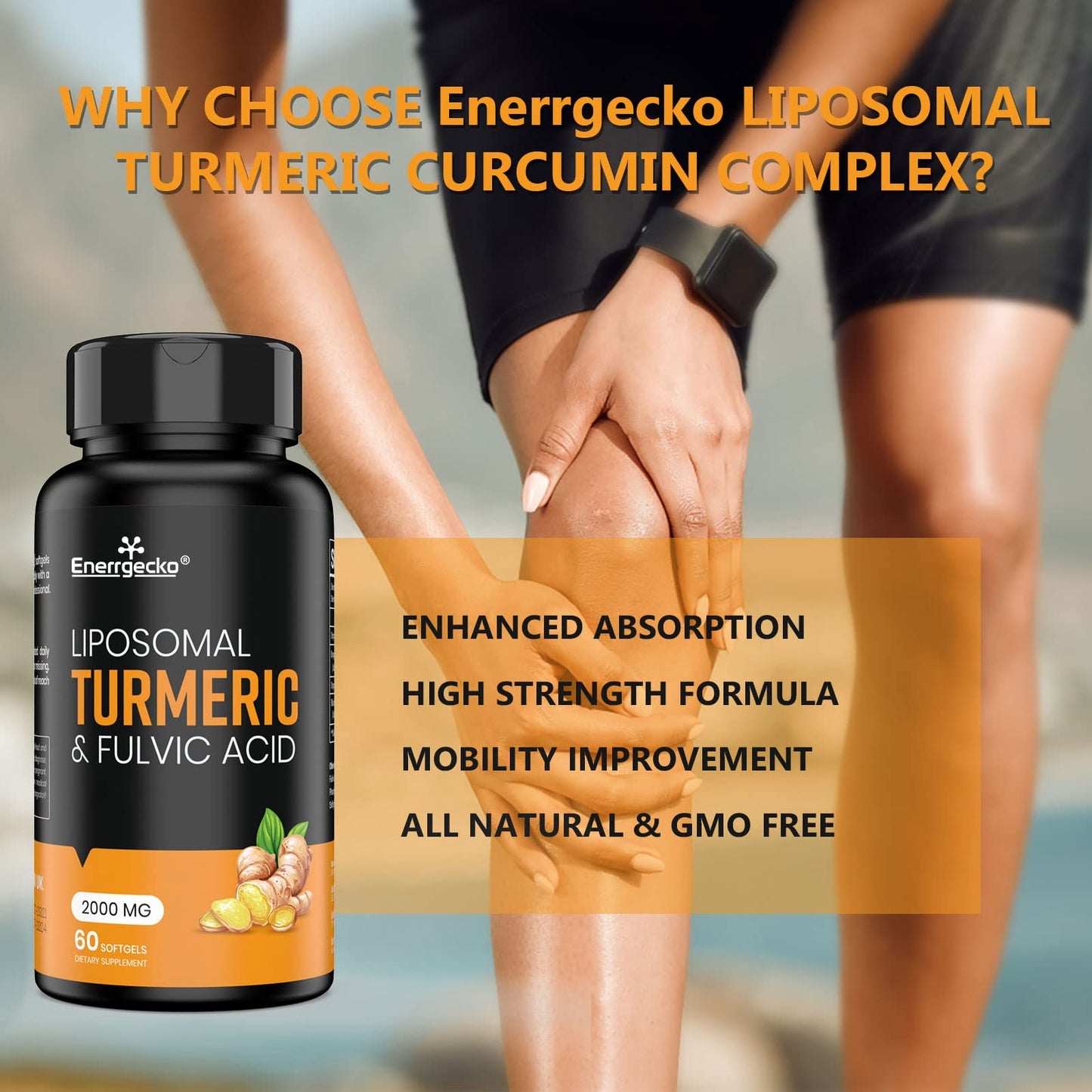 Enerrgecko 2000 mg Liposomal Turmeric Curcumin Softgels - Black Pepper & Ginger, Fulvic & Humic Acids, 3-Month Supply