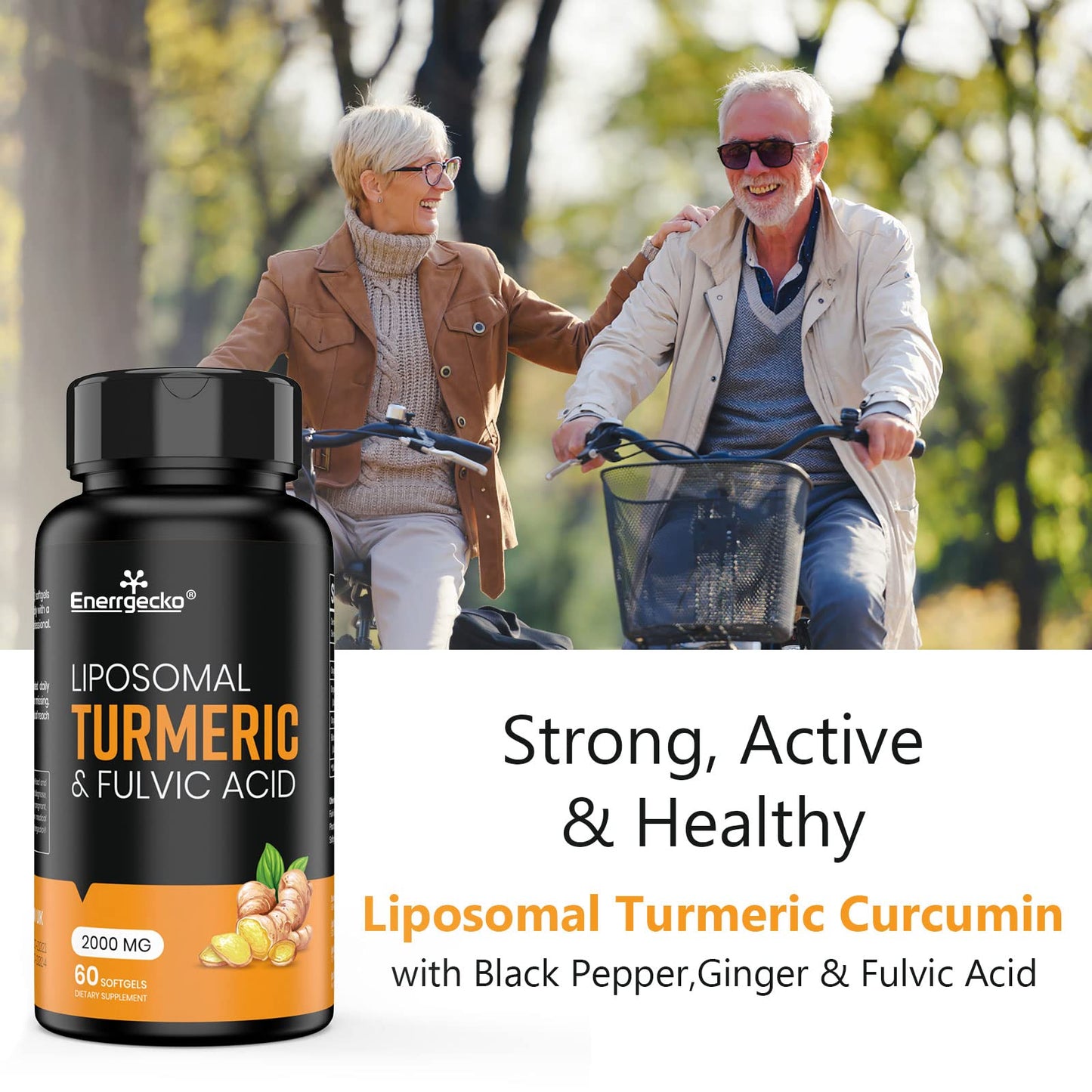 Enerrgecko 2000 mg Liposomal Turmeric Curcumin Softgels - Black Pepper & Ginger, Fulvic & Humic Acids, 3-Month Supply