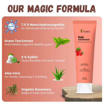 Enoble Kids Toothpaste – Fluoride-Free Strawberry, 7.5% Nano-Hydroxyapatite, 3.5 oz