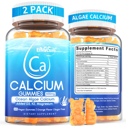 EnvyCure Calcium Gummies 600mg – Ocean Algae Calcium with Vitamin D3, K2, Magnesium | 2-Pack | Vegan, Sugar-Free