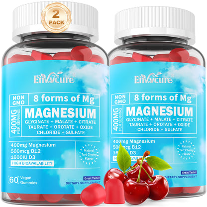 EnvyCure Magnesium Complex Gummies 400mg – 8 Forms + Ashwagandha, D3 & B12 | Vegan 120ct