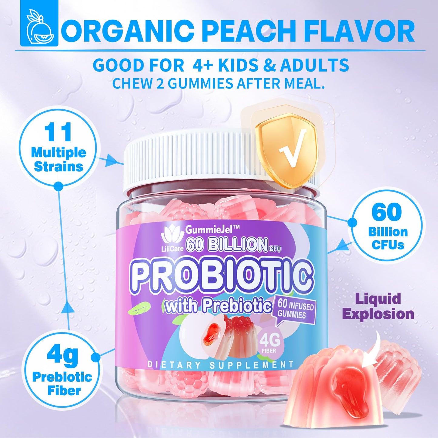 EnvyDeal Probiotic Gummies for Women & Men — 60B CFU, 11 Strains, Sugar Free, Peach, Vegan, 120 Count