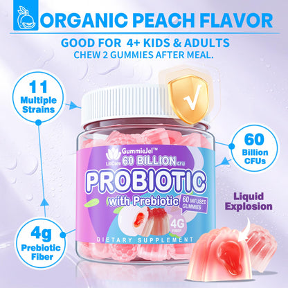 EnvyDeal Probiotic Gummies for Women & Men — 60B CFU, 11 Strains, Sugar Free, Peach, Vegan, 120 Count