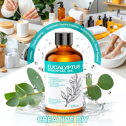 ENYORLI Eucalyptus Essential Oil 3.38 fl oz – 100% Natural, Undiluted, Therapeutic Grade for Skin, Aromatherapy, Diffuser & Humidifier