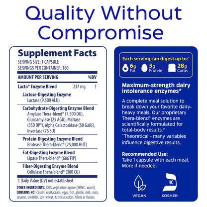 Enzymedica Lacto—Advanced Lactase Pills for Dairy Support | 180 Capsules
