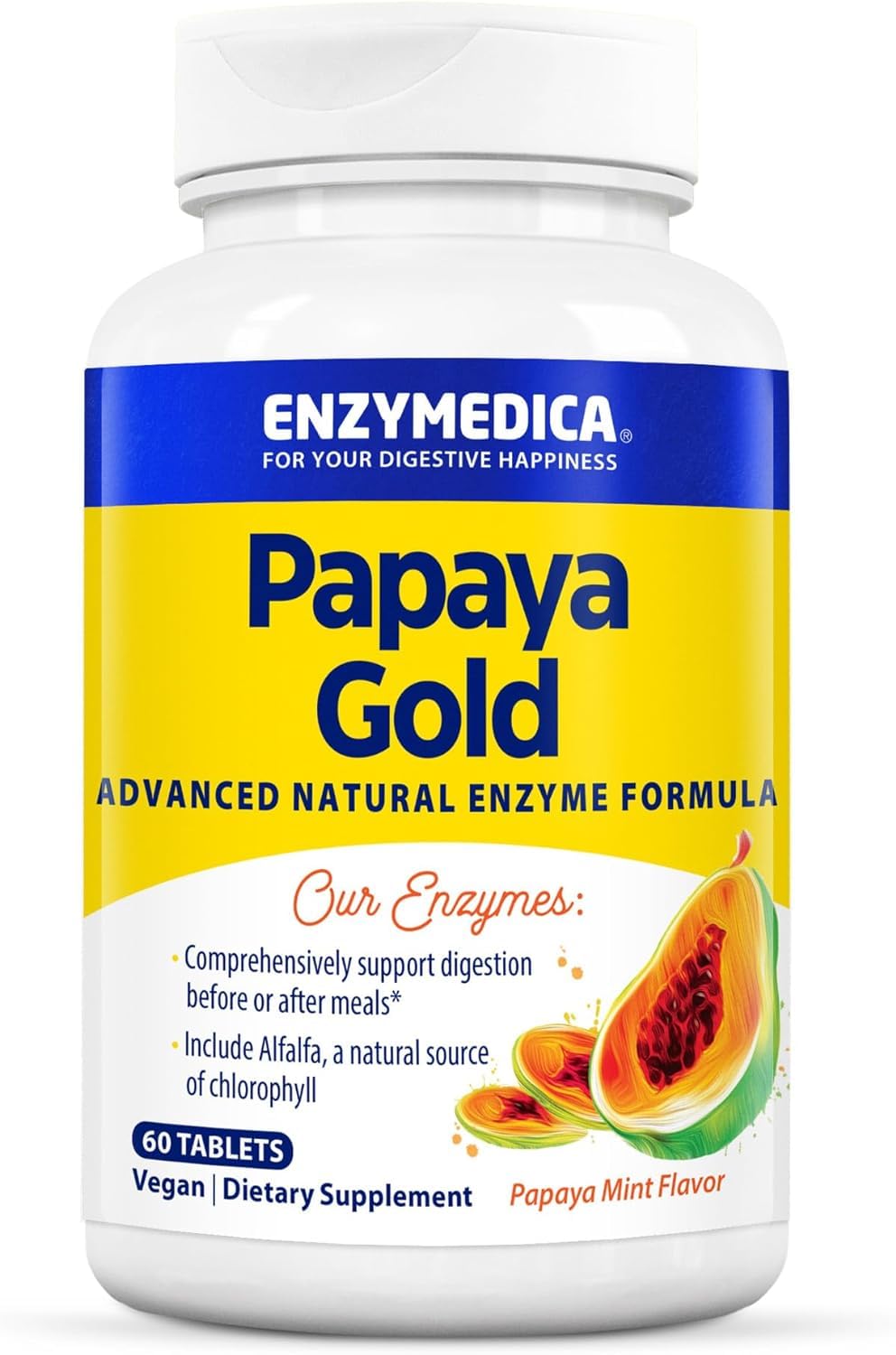 Enzymedica Papaya Gold - Advanced Digestive Enzymes with Organic Papaya & Chlorophyll, 60 Chewable Tablets (Vegan Mint)