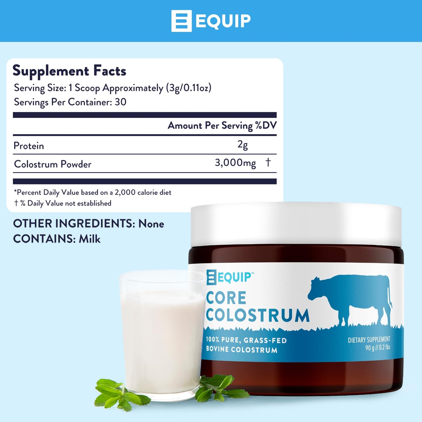 Equip Core Bovine Colostrum Powder: 3,000mg Grass-Fed, 30 Servings, Unflavored