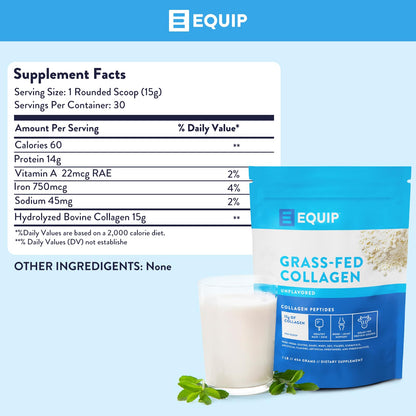 Equip Foods Grass Fed Collagen Powder – Unflavored, 30 Servings, Non-GMO