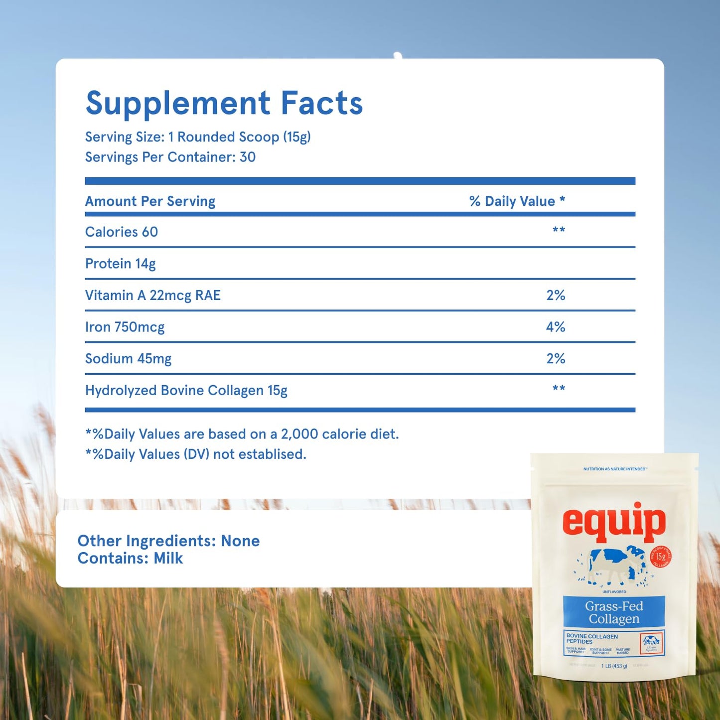 Equip Foods Grass Fed Collagen Powder – Unflavored, 30 Servings, Non-GMO