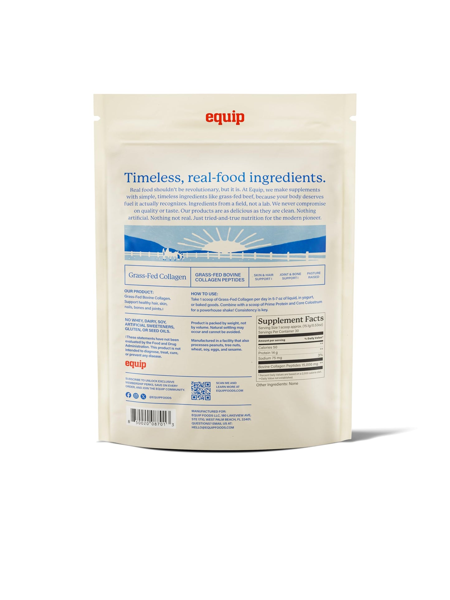 Equip Foods Grass Fed Collagen Powder – Unflavored, 30 Servings, Non-GMO