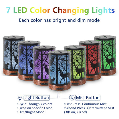 EQUSUPRO 150ml Metal Essential Oil Diffuser – Ultrasonic Cool Mist, Auto Shut-Off, 7-Color LED, Deer Pattern