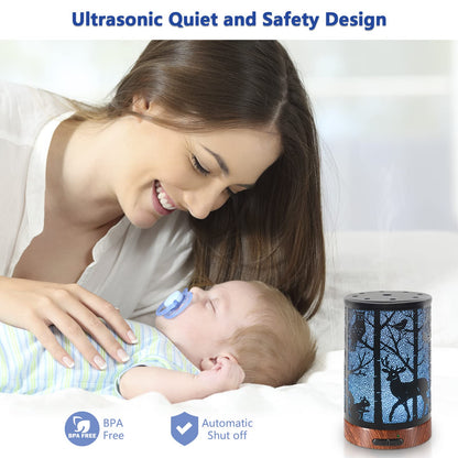 EQUSUPRO 150ml Metal Essential Oil Diffuser – Ultrasonic Cool Mist, Auto Shut-Off, 7-Color LED, Deer Pattern