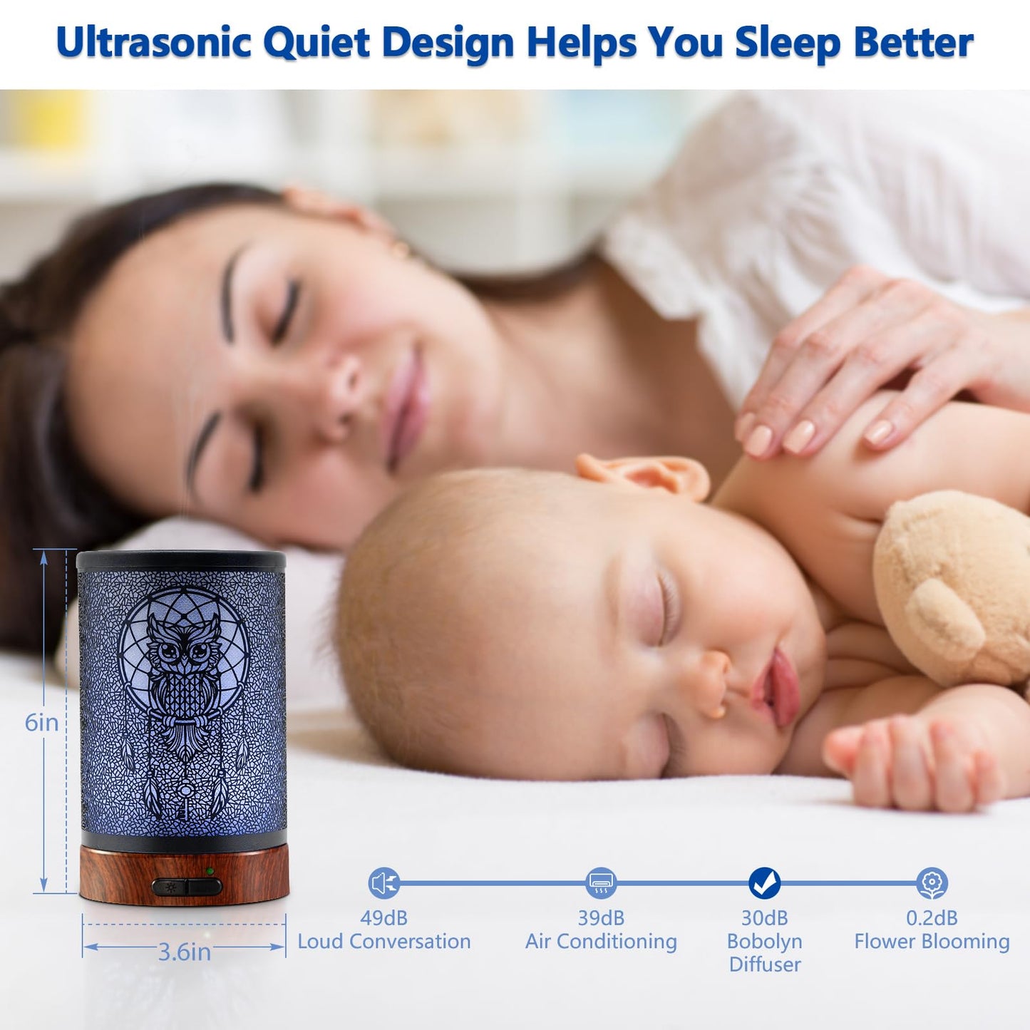 EQUSUPRO 150ml Metal Owl Essential Oil Diffuser - Auto Shut-Off, 7 LED Colors