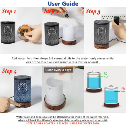 EQUSUPRO 150ml Metal Owl Essential Oil Diffuser - Auto Shut-Off, 7 LED Colors