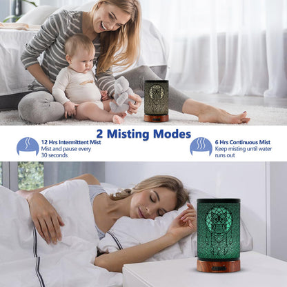 EQUSUPRO 150ml Metal Owl Essential Oil Diffuser - Auto Shut-Off, 7 LED Colors