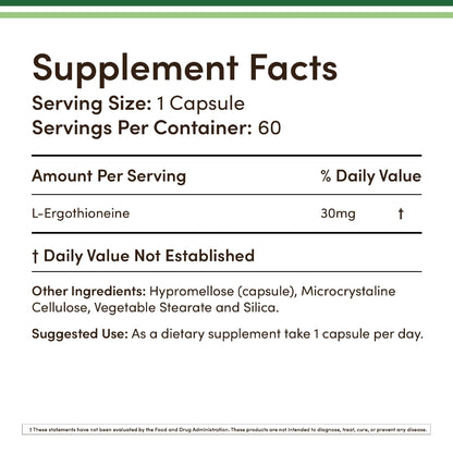 Ergothioneine 30mg – 60 Capsules | Vegan, Gluten Free, Non-GMO | Double Wood