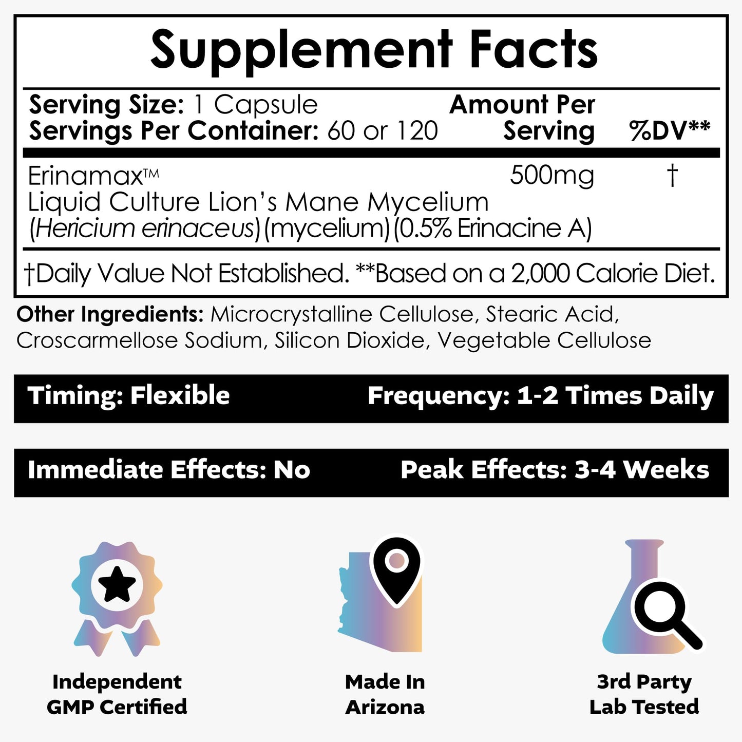 Nootropics Depot Erinamax Lion's Mane 500mg Capsules | Liquid Culture Mycelium | 2.5 mg Erinacine A | Mood, Cognition, & Nerve Support | 120 Count