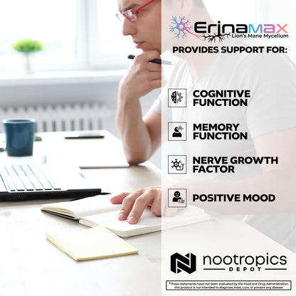 Nootropics Depot Erinamax Lion's Mane 500mg Capsules | Liquid Culture Mycelium | 2.5 mg Erinacine A | Mood, Cognition, & Nerve Support | 120 Count