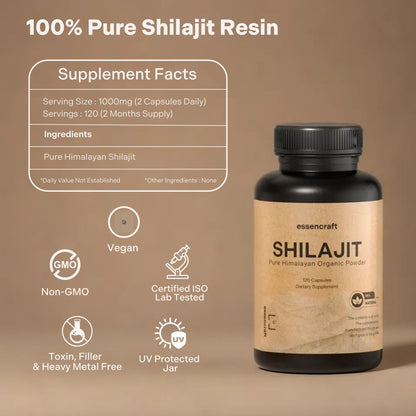 Essencraft Organic Himalayan Shilajit Resin Extract – 1000mg Max Potency, 85+ Minerals, Lab Tested, 2-Month Supply (120 Capsules)