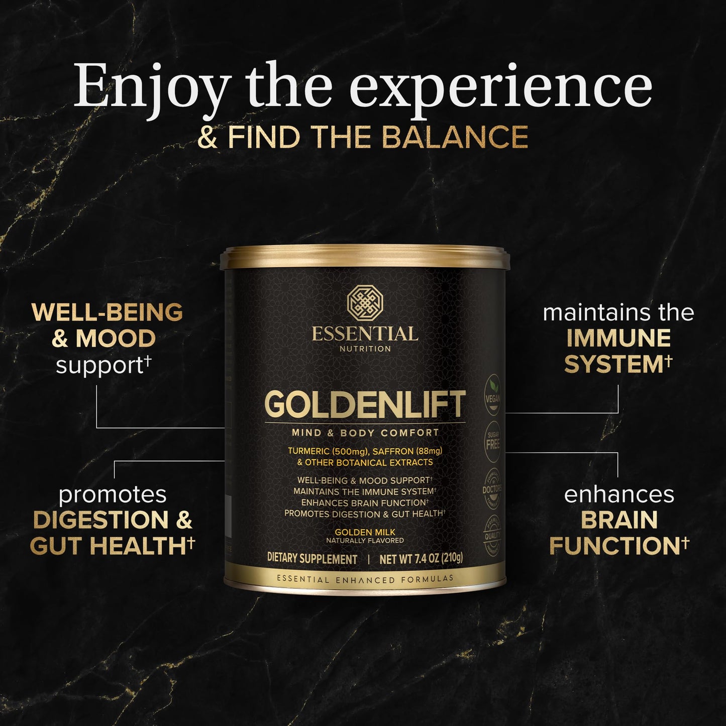Essential Nutrition Golden Lift - Golden Milk Powder (Vegan) 7.4 oz | Turmeric, Saffron & Spices