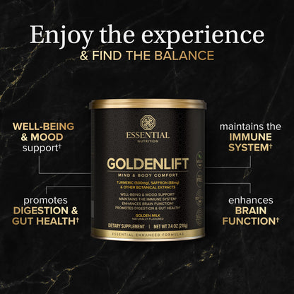Essential Nutrition Golden Lift - Golden Milk Powder (Vegan) 7.4 oz | Turmeric, Saffron & Spices