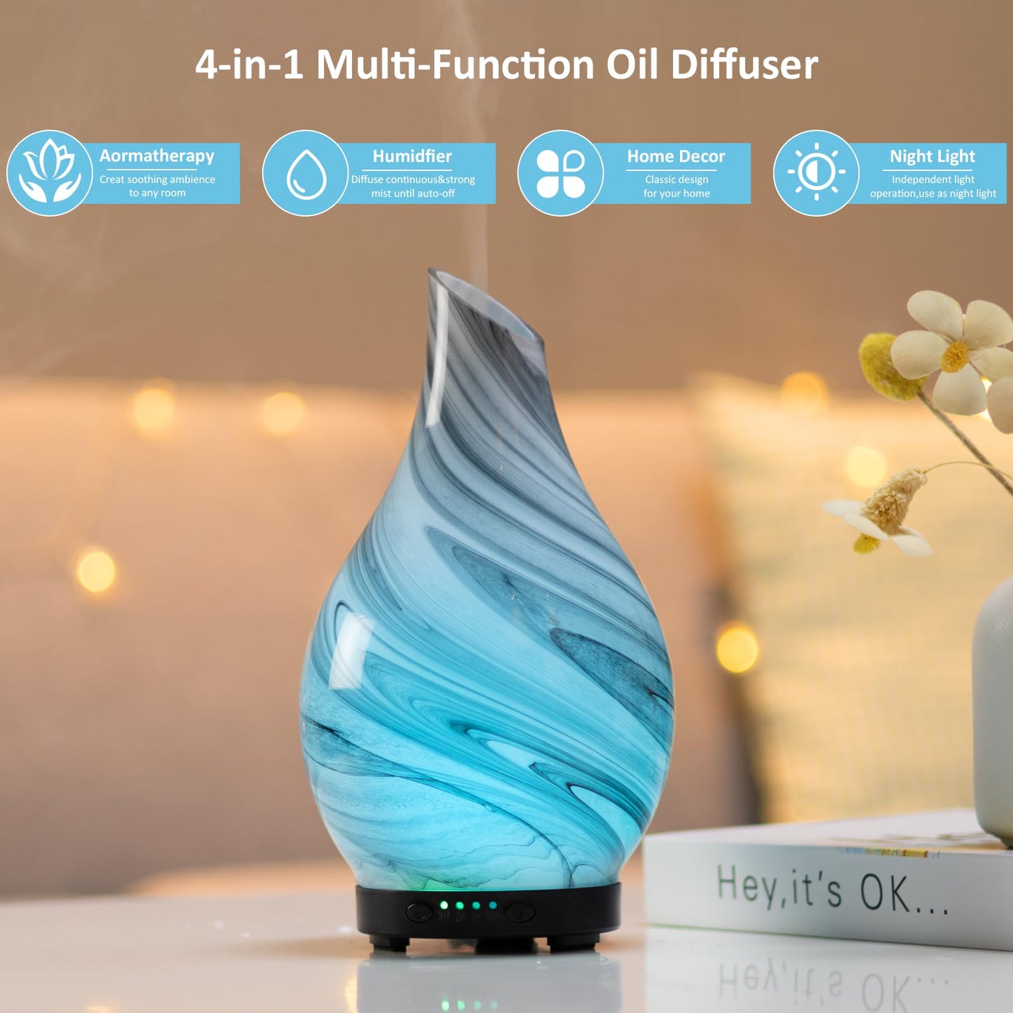 Essential Oil Diffuser 120ml Ultrasonic | Glass BPA-Free, Auto-Off, 4 Timers, 7 LED Colors