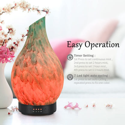 Essential Oil Diffuser 120ml Ultrasonic – Handmade Glass, BPA Free, Auto Shut-Off, 4 Timers, 7-Color LED
