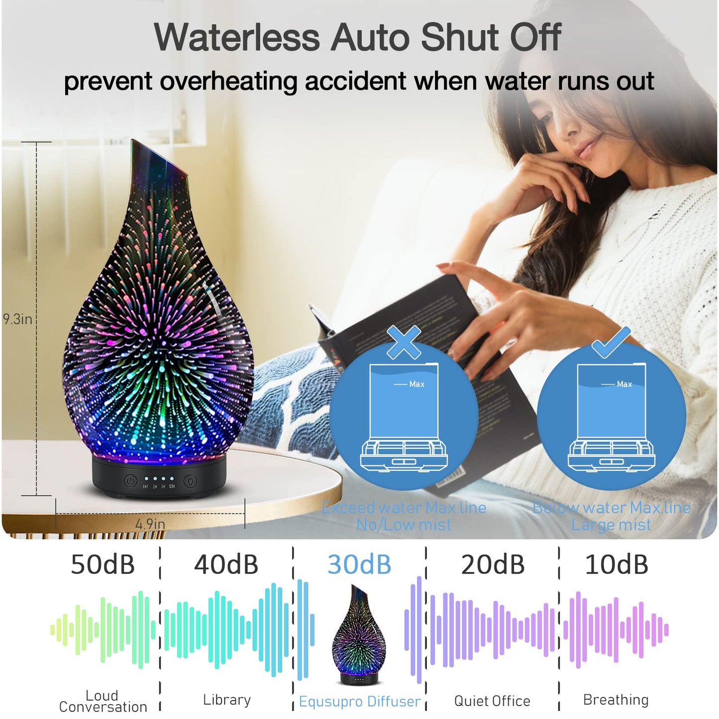 Essential Oil Diffuser 120 ml Glass Ultrasonic | Auto Shut-Off, 4 Timers, 7-Color Night Light - Silver