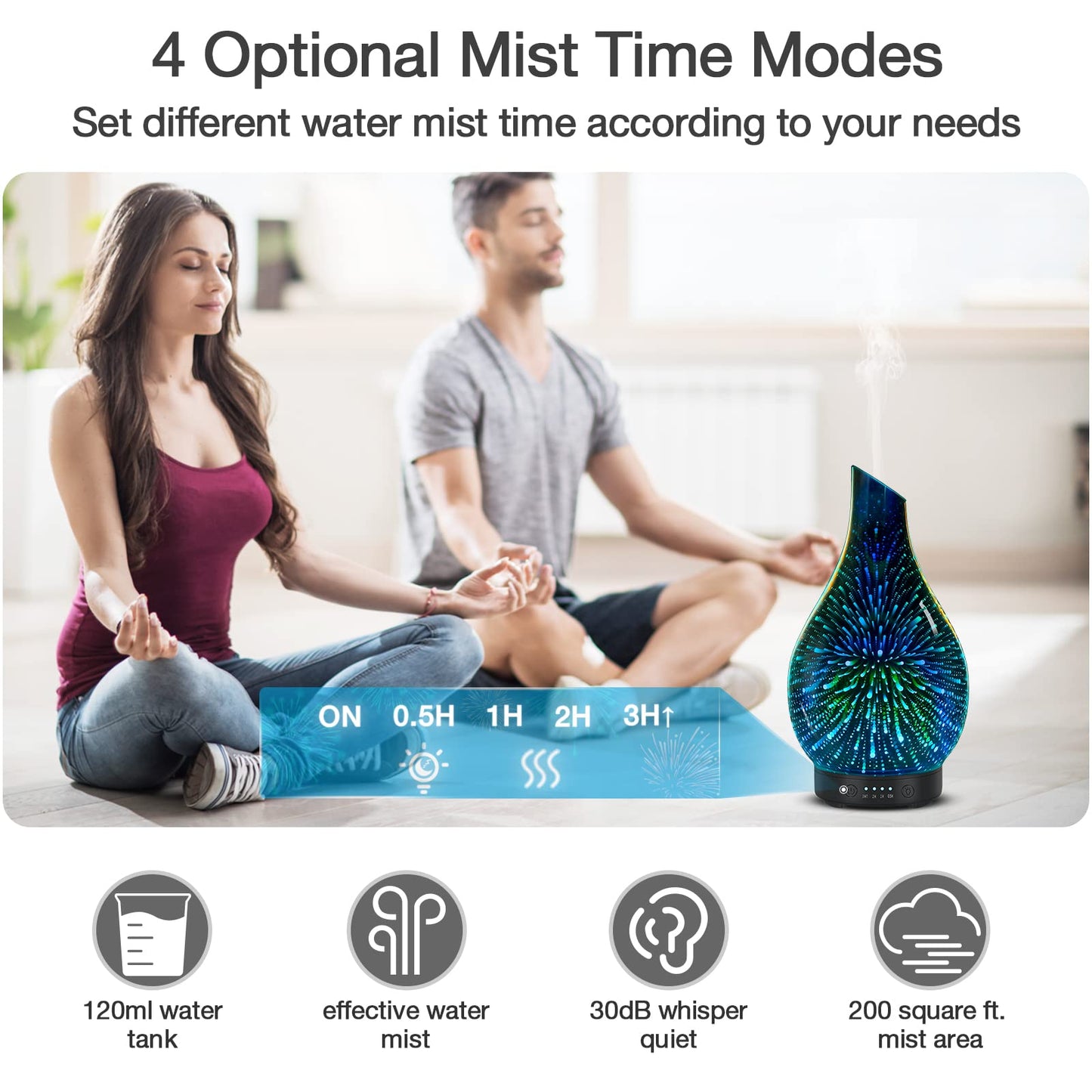 Essential Oil Diffuser 120 ml Glass Ultrasonic | Auto Shut-Off, 4 Timers, 7-Color Night Light - Silver