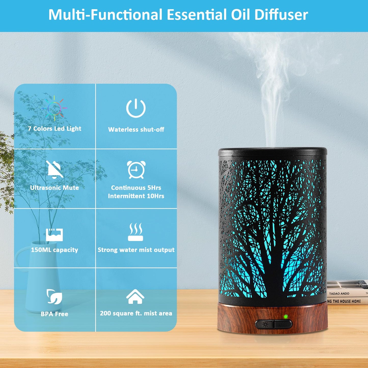Essential Oil Diffuser 150ML – Ultrasonic Metal Diffuser with Auto Shut-Off and 7-Color LED Lights