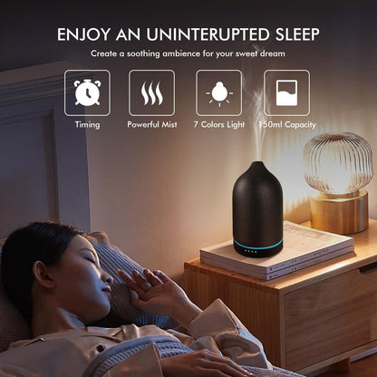 Essential Oil Diffuser Ceramic 150ml Black – Ultrasonic Aroma Diffuser with Timer, 7-Color LED, Auto Shut-Off