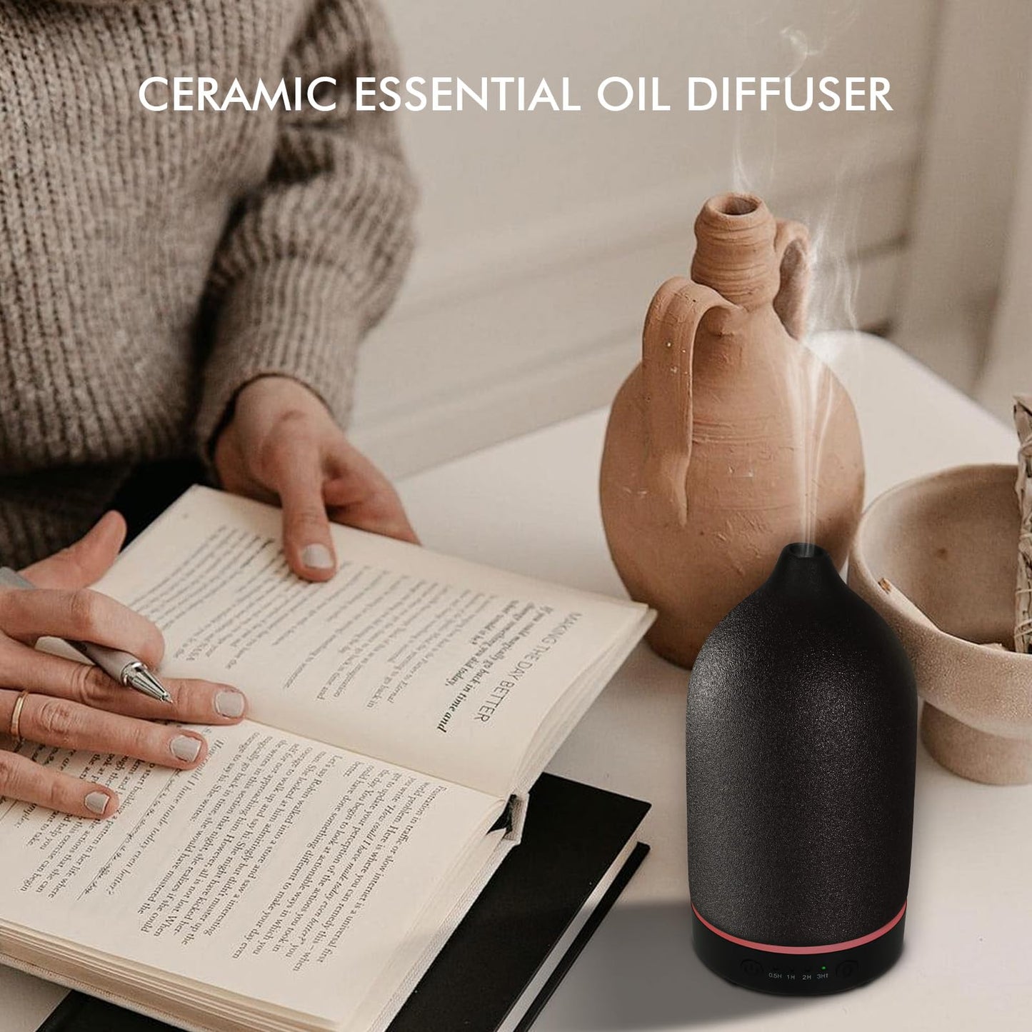 Essential Oil Diffuser Ceramic 150ml Black – Ultrasonic Aroma Diffuser with Timer, 7-Color LED, Auto Shut-Off