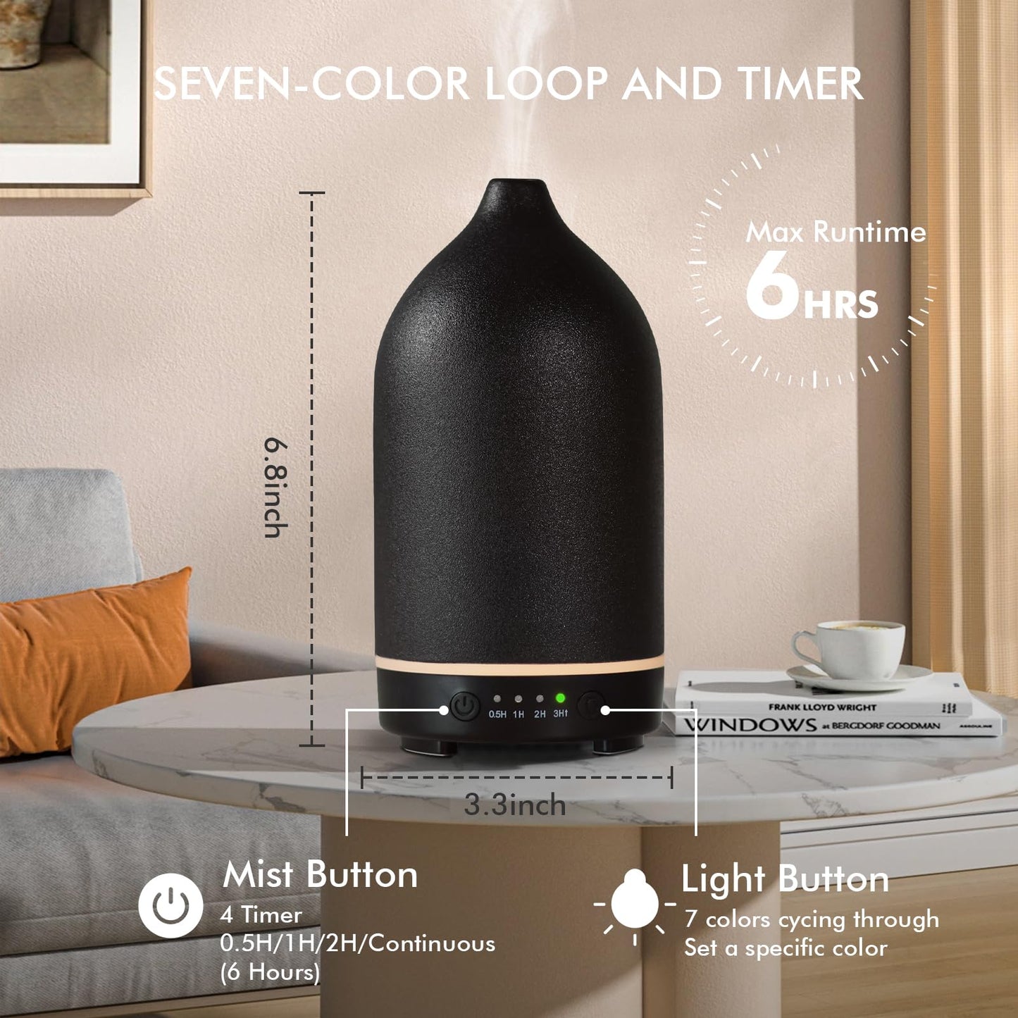 Essential Oil Diffuser Ceramic 150ml Black – Ultrasonic Aroma Diffuser with Timer, 7-Color LED, Auto Shut-Off